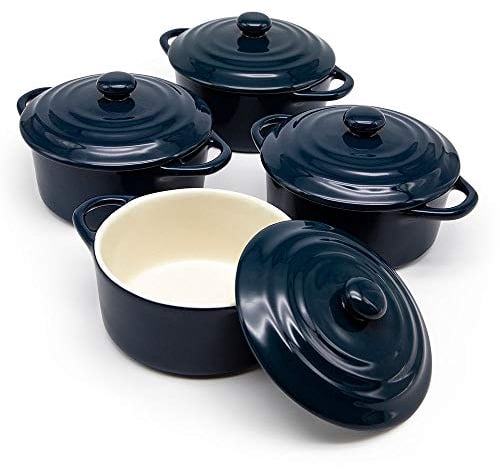 Kook Ceramic Mini Cocotte Set, Small Casserole Dishes with Lids and Handles, Individual Baking Ramekins, Oven, Microwave & Dishwasher Safe, Stoneware, 12 oz, Set of 4, (Navy)