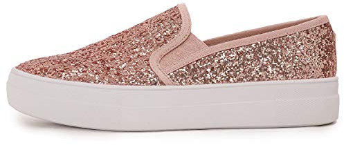 Feversole Women's Fashion Slip-On Trainer Casual Flat Loafers Skater Pumps Trainers Sneakers Shoes Rose Gold Glitter Size 3.5