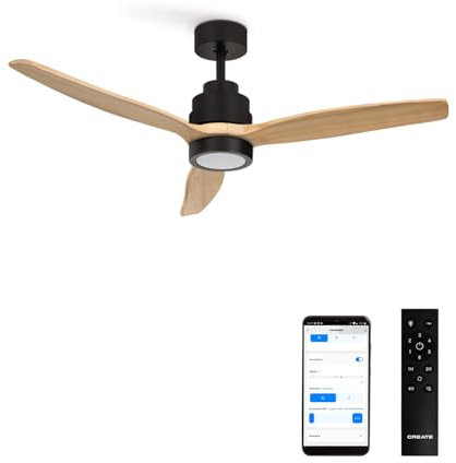 CREATE / WINDSTYLANCE DC/Ventilador de techo con luz negro aspas madera natural con Wifi y mando / 40W, Silencioso, Ø132 cm, 6 velocidades, temporizador, verano-invierno, doble altura, motor DC