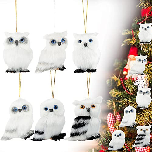 Plush Woodland Animal Ornaments Faux Fur Owl Christmas Ornaments Cute Owl Christmas Tree Hanging Ornaments for Christmas Tree Decoration White Owl Style, 6 Pieces