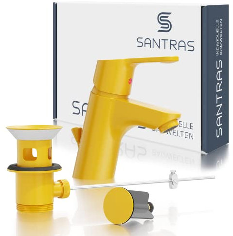 SANTRAS® Waschtischarmatur für das Bad mit Zugstange in Gelb (RAL 1004) – Einhebel-Mischarmatur warm kalt für ein Loch Waschbecken Wasserhahn MADE IN GERMANY