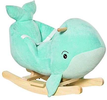 HOMCOM Jouet à Bascule Baleine - Effet sonore Chant Baleine - Fauteuil intégré, Ceinture de sécurité - Bois peuplier Peluche Courte Polyester Turquoise Clair