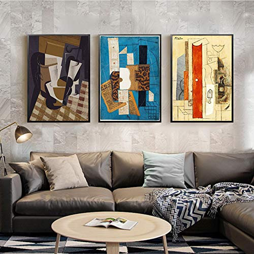 dsdsgog Abstrakte Violine und Gitarre Poster und Drucke Cafe Bar Wandkunst Leinwand Malerei Picasso Kubismus Wandbild Für Wohnkultur 30x45cmx3 Rahmenlos
