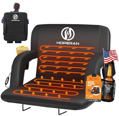 HOPERAN Double Heated Stadium Seats for Bleachers with Back Support and 25 Wide Cushion, Extra Portable Bleacher Seat Foldable Stadium Chair, USB 3 Levels of Heat, 5 Pockets, for Outdoor Games Sports