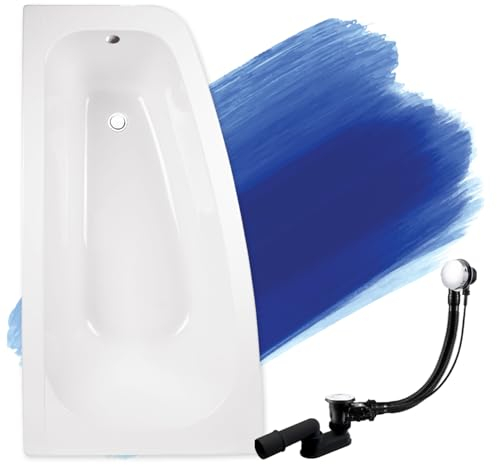 BADLAND Badewanne Original Weiß Acryl Wanne Eckbadewanne LUNA 150x80 Links KOMPLETTSET SET + Füßen und Exklusive Chrom Automatik Ablaufgarnitur Made in EU 3in1