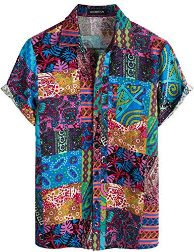 LucMatton Herren Leinen Traditionelle Muster Print Kurzarm Button Down Hawaiihemden, Blau/Pink, XL