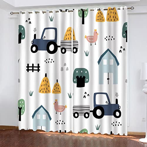 NUYSP Auto Traktor Cartoon-Stil Vorhang Blickdicht B 110 X H 95 cm Polyester Vorhänge mit Ösen 2er Set Gardinen 3D Gedruckt Verdunkelungsvorhang für Kinderzimmer Wohnzimmer Schlafzimmer