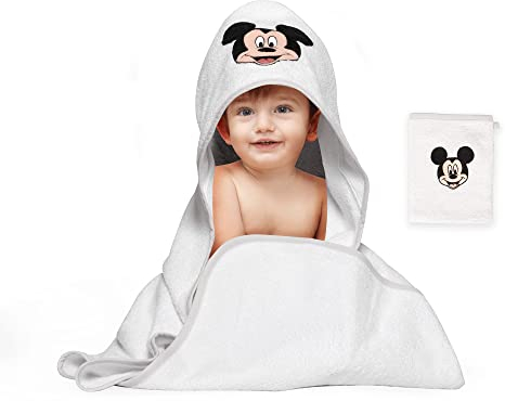 Disney Home Micky Maus Baby-Kapuzenhandtuch-Set bis 5 Jahre Weich & Saugfähig Oeko-Tex Zertifiziert, 2-teilig,Kapuzenhandtuch 80 x 80 cm, Waschlappen 15 x 20 cm