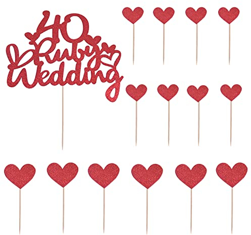 1 Pc 40th Anniversary Cake Toppers, Ruby Wedding Cake Toppers with 14Pcs Heart Cake Decorations Toppers Red 40th Wedding Anniversary Cake Decorations Glitter Cake Topper for Celebration Party Supplies