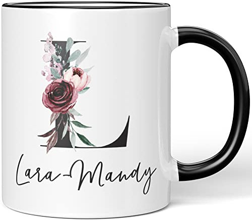 JUNIWORDS Tasse, Lara-Mandy, Name Anfangsbuchstabe Initial Alphabet Floral Buchstabe L Monogramm Motiv, Schwarz (5580849)