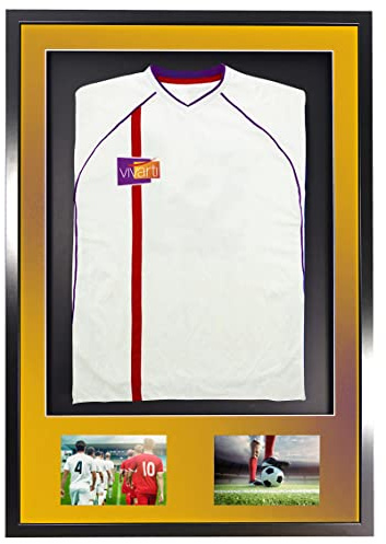 Vivarti DIY Junior 3D Mounted + Double Aperture Sports Shirt Display Frame for Football Shirt, Rugby Shirt, Band T-Shirt Shadow Box - A1 59.4 x 84cm - Black Frame, Gold Mount, Black Backing Card