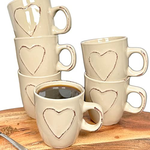 Darthome Love Heart Espresso Cups 100ml Set of 6 Stoneware Country Coffee Mugs Gift (Cream)