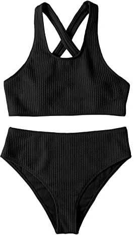GORGLITTER Damen Bikini Sets U-Ausschnitt Über Kreuz Bikinitop Tanga High Waist Bademode Zweiteiliger Swimsuits Schwarz S