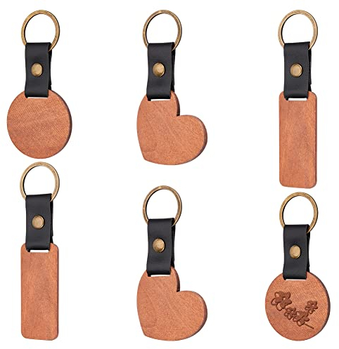 nbeads 6 Stück Holz Rohlinge Schlüsselanhänger, Rechteckige/Runde/Herz Personalisierter Unvollendete Holz Handwerk Schlüsselanhänger Mit Lederband Für DIY Bastelarbeiten Gravur Geschenke, Kamel