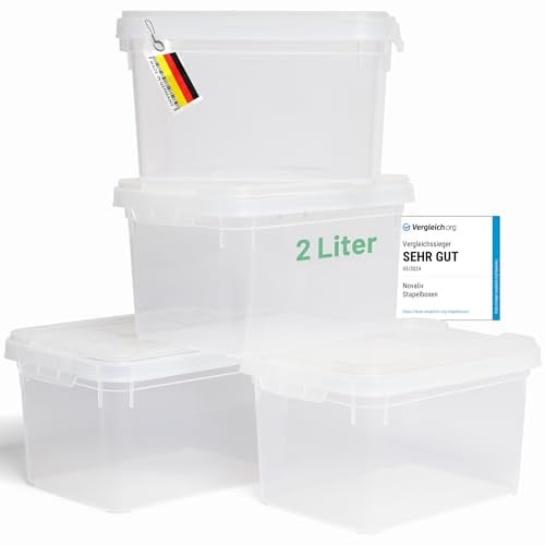 Novaliv 4x Aufbewahrungsboxen mit Deckel klein 2 L transparente Nestbar stapelbare Plastikboxen mit Clipverschluss Kunststoff BPA-frei 19 x 14 x 11 cm