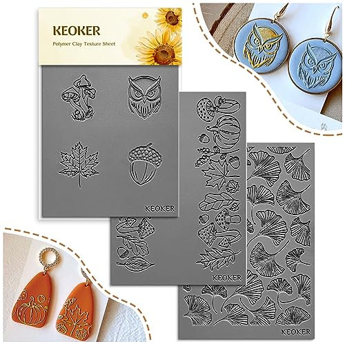 Keoker Kürbis-Polymer-Ton-Texturblätter, Ton-Texturmatte für die Herstellung von Ohrringen, Schmuck, Polymer-Ton-Ohrring-Werkzeuge (Herbst-Texturblatt 1-3)