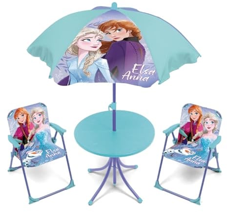 ARDITEX WD16133 Set de Mesa (50x50x48cm), 2 Sillas (38x32x53cm) y Sombrilla (diámetro 110cm) de Disney-Frozen