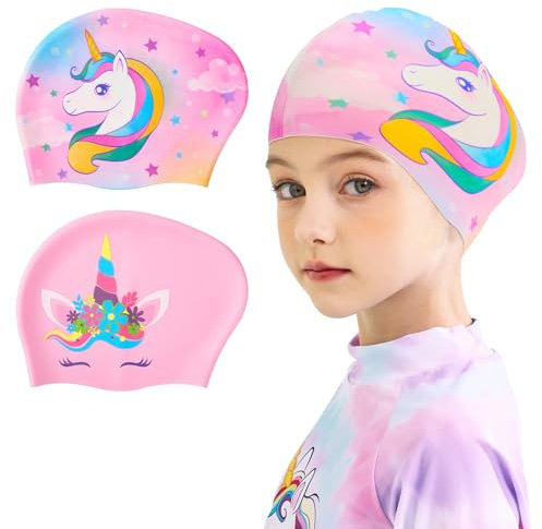 2 Stück Kinder Badekappe Wasserdicht Einhorn Silikon Schwimmhaube für Mädchen Jungen badehaube Kinder Badekappe für Langes und Kurzes Haar