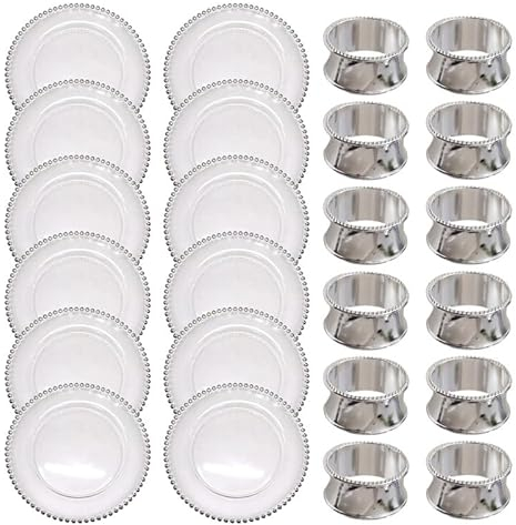 Trimming Shop 13 Inch Round Clear Glass Charger Plates with Silver Beads & Hammered Design Napkin Rings – Perfect for Wedding, Dinner Party & Table Décor.