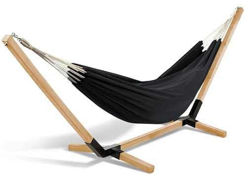 IDMarket - Hamaca con soporte de madera y lona negra Tahití