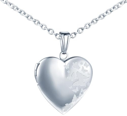 MICMIF Collana Donne Cuore Medaglione con Farfalle, Acciaio Inossidabile Ciondolo Medaglione per Foto Personalizzata Portafoto con Catena 50cm Gioielli Regalo per Mamma Moglie Fidanzata