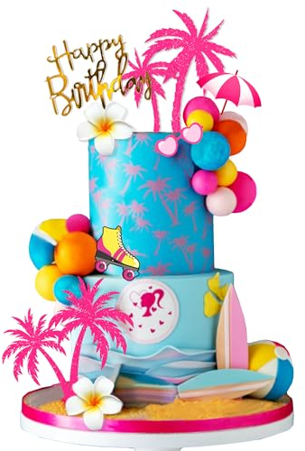 DRWATE Summer Hawaiian Cake Topper with Beach Ball Sun Umbrella Goggles Beach Cake Decorations for Summer Holiday Theme Baby Shower Supplies (Surfboard)