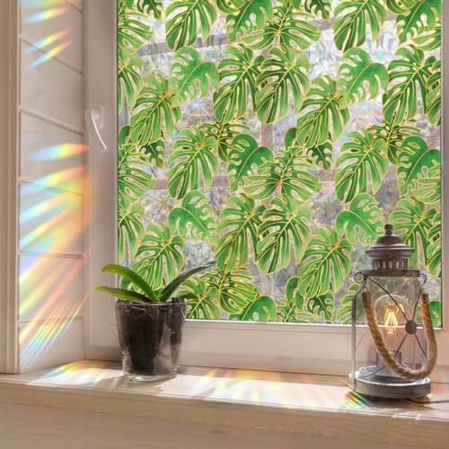 Runtoo Rainbow Palm Leaves Privacy Film - 3D Decorative Vinyl Stained Glass Plant Leaf Clings, Static Window Decals, Non-Adhesive Sticker, 15.75 x 40 Inches