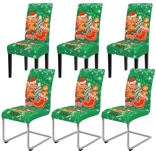 Yugarlibi Weihnachten Stretch Stuhlhussen 4er/6er Set Grün Stuhlbezug Schwingstuhl Universal Elastische Hussen Xmas Waschbare Stühle Schutz für Esszimmer Hotel Party (6 Stück, Lebkuchenmann Grün)