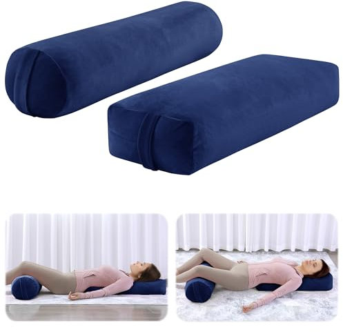 ROYALAY 2 Pcs Yoga Bolster Pillow for Restorative Yoga, Rectangular and Cylinder Meditation Pillow Set with Carrying Handles, Supportive Cushion for Exercise Workout Stretching Meditation,Dark Blue