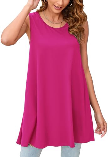 Enmain Débardeurs Femme Long Fluide Ample Été Tunique Longue sans Manche Femme Fuchsia Rose Grande Taille Chic et Élégant Haut Top Blouse T-Shirt L
