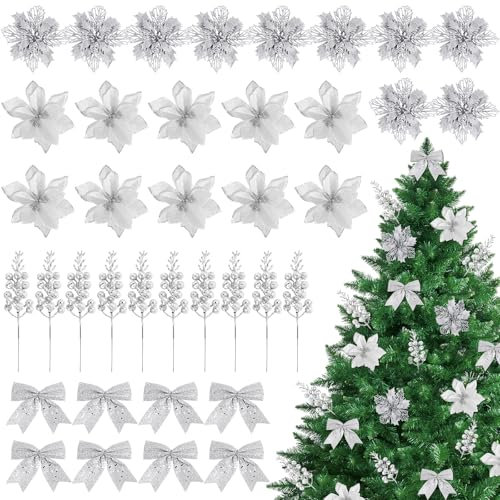 BOOMTOP 30 Weihnachtsblumen Künstlich Blumen Weihnachtsstern 8 Glitzer Schleifen Weihnachtsbaum Deko Kunstblumen Silber Weihnachtsschleife Weihnachtsbaumschmuck mit Beerenzweig Clips Neujahr Ornament