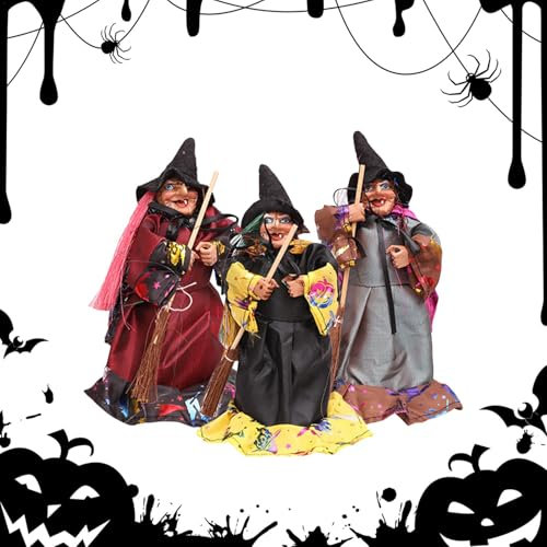 Halloween Witch Figure | 3X Halloween Broom Witch Doll - Desktop Broom Doll Figure For Children's Room Haunted House Home Decor