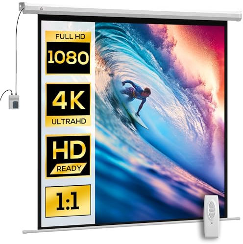 HOMCOM Écran vidéoprojecteur 85 Pouces, 1:1 4K HD écran de Projection motorisé et électrique, écran de Projection TV et Home cinéma, Montage Mural ou Plafond, Panneau de Commande et télécommande
