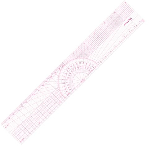 KEARING 12 30cm Graph Ruler with Protractor - Dual Pattern Grading Tool | Clear 1.2mm flexible plastic grid ruler with built-in protractor. Dual metric imperial sandwich line scales
