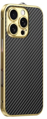 HAMEXLN Gold,16, Carbon Fiber Case for Iphone 16 Pro Max/16 Pro/16, Camera Protection Cover Shockproof Metal Border Luxury Anti-Fingerprint Shell