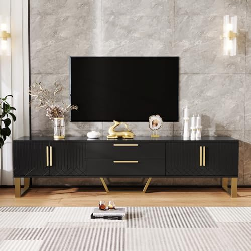 Mueble de TV de alto brillo: suelo, asas y patas doradas, puerta con textura grabada, solución de almacenamiento para sala de estar, combinación perfecta de elegancia, lujo y funcionalidad (negro)