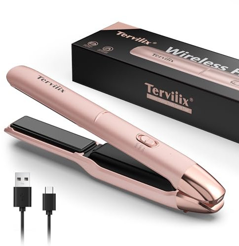 Portable Lisseur Sans Fil, Max 220°C Mini Lisseur de Voyage, Fer a Lisser et Bigoudi Rechargeable 2 en 1 avec Infusion d'Huile d'Argan, Batterie 4500 mAh, Chauffage Rapide en 50 Secondes