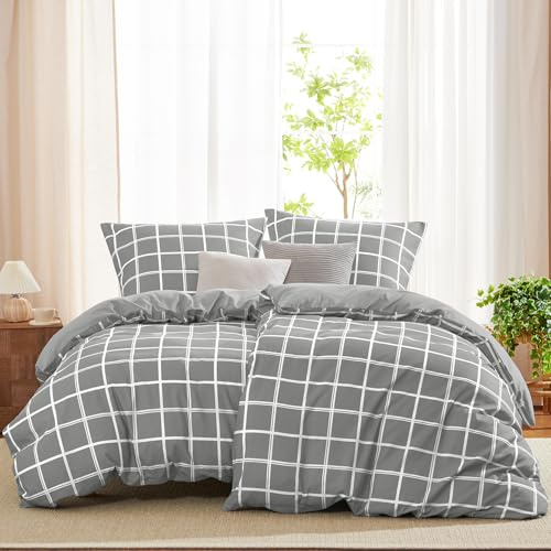 WAVVE Bettwäsche 135x200 4teilig Bettbezug Mikrofaser Bettwäsche-Sets 135 x 200 cm 2er Set mit 2 Kissenbezüge 80x80cm, ÖKO-TEX, Wendebettwäsche Bedding Grau Karomuster Muster mit Reißverschluss