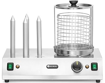 HENDI Hot Dog Maker, mit 4 Heizstäbe für Brötchen, 500x310x(H)395mm | Für Würste bis zu 24 cm Länge, Wurst- und Hotdog-Brötchenwärmer, Würstchenwärmer, 230V/550W, Edelstahl, Aluminium, Glas