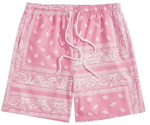 DUHENWU Pantaloni corti estivi da uomo, a bandana, pantaloncini con stampa boho, leggeri, con coulisse, per il tempo libero, leggeri, da palestra, da basket, in vita elasticizzata, da jogging, O rosa