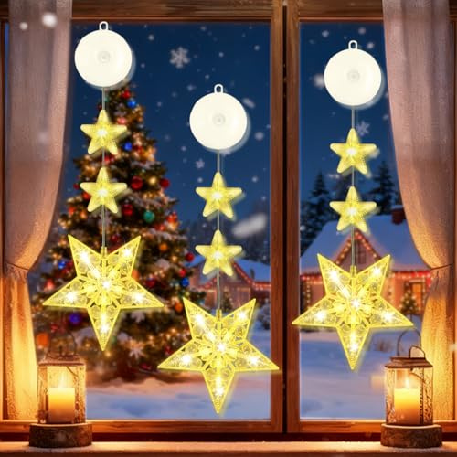 LGZIN Luci per finestra di Natale, 3 pezzi LED luci di Natale stella, tenda di luci con stella, luci a LED, per balcone, finestra, parete, vetrina