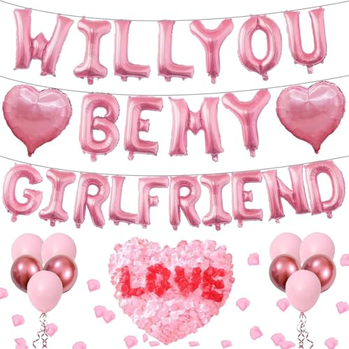 Will You Be My Girlfriend, Will You Be My Girlfriend Theme Party Decor, Balloons with 1200 Rose Petals, Romantic Heart Shaped Balloon Kit for Proposal Decorations Valentine's Day Anniversary
