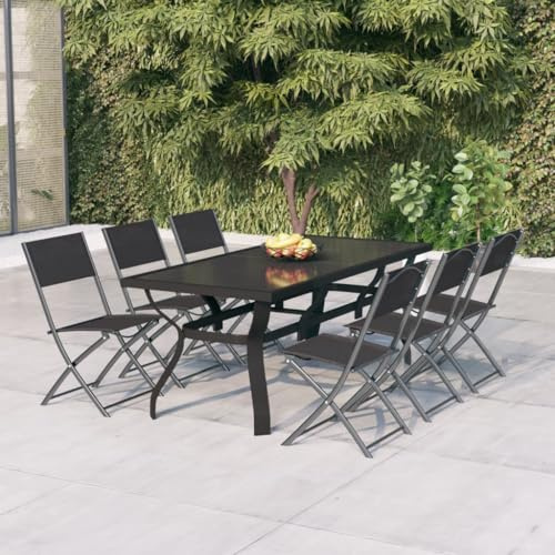 QUAHEAS Salon de jardin 7 pièces gris et noir avec chaises pliantes, table de terrasse en verre et acier pour jardin, balcon, patio