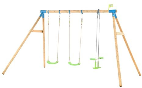 TP Toys Knightswood Triple Wooden Swing Set With Glide Ride - Includes 2 Adjustable Rapid Lime Swing Seats & 2 Seater Glide Ride. Ground Stakes, FSC Certified Pressure Treated Wood, Age 3 years+.