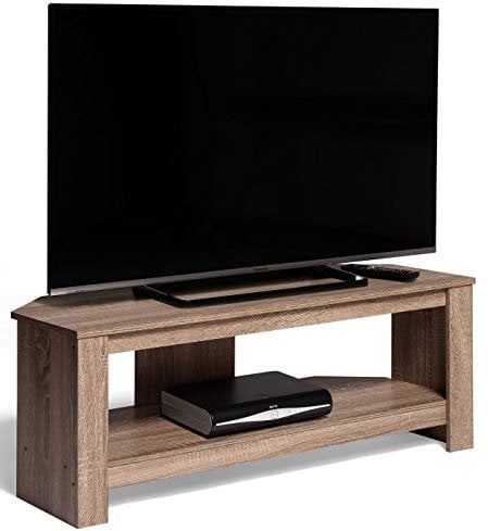AVF Wood Corner TV Stand - Calibre Rustic Sawn Oak Effect TV Floorstand Unit - 115cm Wide - Open Shelving - Cable Management - Easy Assembly CA115SO