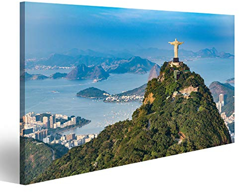 Bild auf Leinwand Luftaufnahme von Rio De Janeiro. Corcovado Berg mit Statue von Christus dem Erlöser mit Blick auf die Landschaft von Rio Wandbild Leinwandbild Kunstdruck Poster 80x40cm