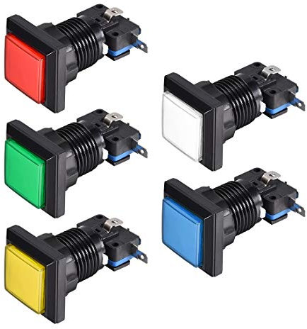 sourcing map Botón pulsador de juego cuadrado de 34 x 34 pulgadas, 12 V, con iluminación LED, interruptor con microinterruptor para videojuegos de arcade, 5 colores, 5 unidades
