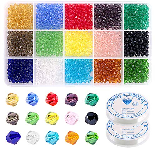Swpeet Kit de 1802 perles bicônes en verre de 4 mm, y compris des perles en verre bicônes avec aiguilles à enfiler et cordon élastique pour projets de bricolage, bracelets, colliers, boucles