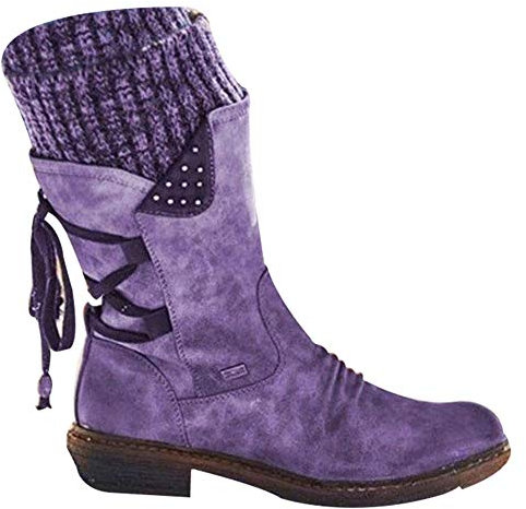 ECOSWAY Donna Mezzo Polpaccio Stivali rétro Similpelle Stivaletti Casual PU Tacco Basso Scarpe Invernali - Viola, 38
