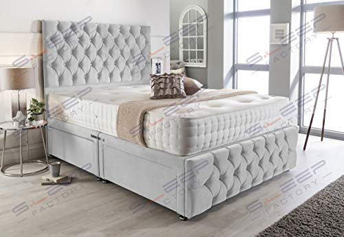 Sleep Factory's Silver Plush Velvet Chesterfield 2 Drawer Divan Bed Set, Mattress & Headboard (4.0FT (Small Double))